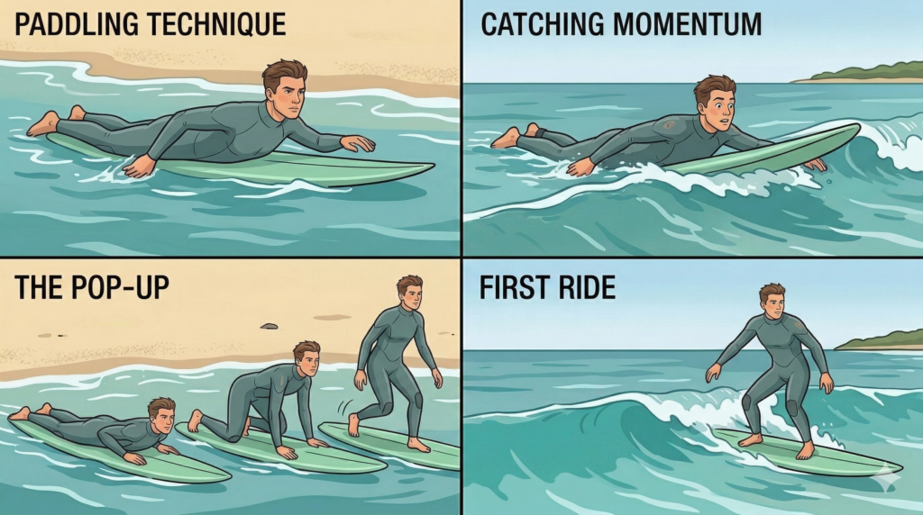 Nothing compares to that first wave where you actually manage to stand up. I remember mine clearly. It was a small wave, nothing impressive from the outside, but when I did the pop-up and felt the board gliding, the world went completely silent.