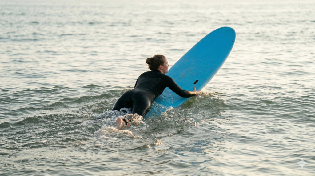 Woman paddling with my weight too far back on the board