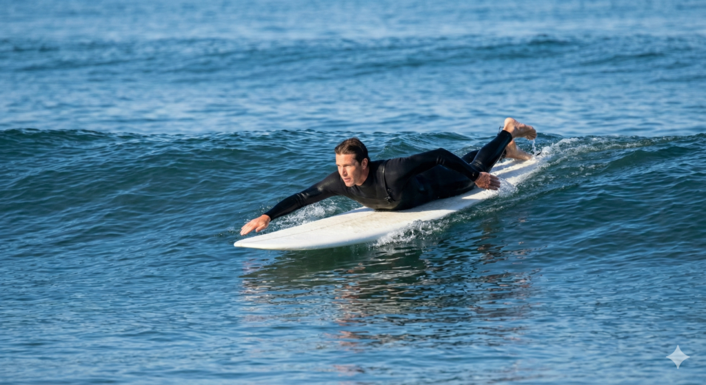 You need to feel the wave catch the board. Paddle hard, and when you feel the tail lift and the board start to accelerate on its own, give it one more strong paddle