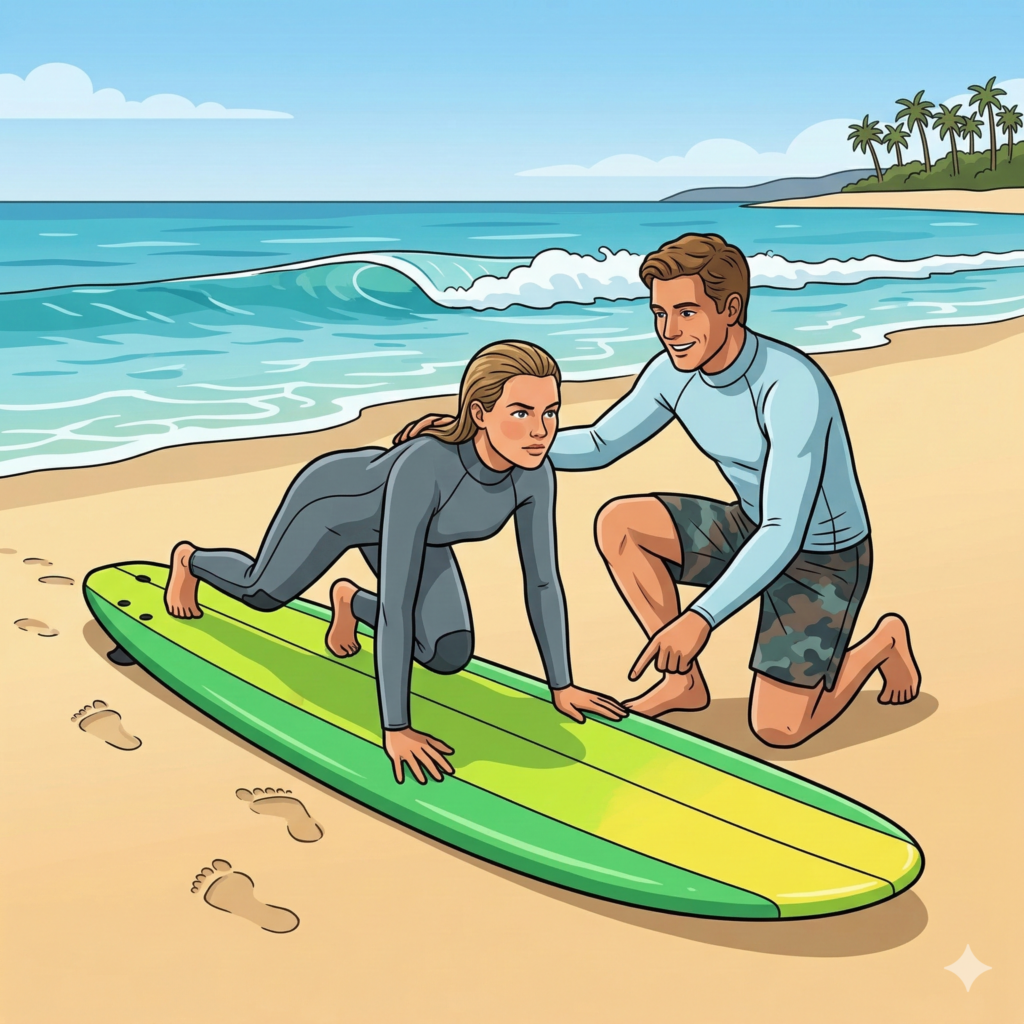 Sufer teaching a begging surfer how to stan up on a surboard