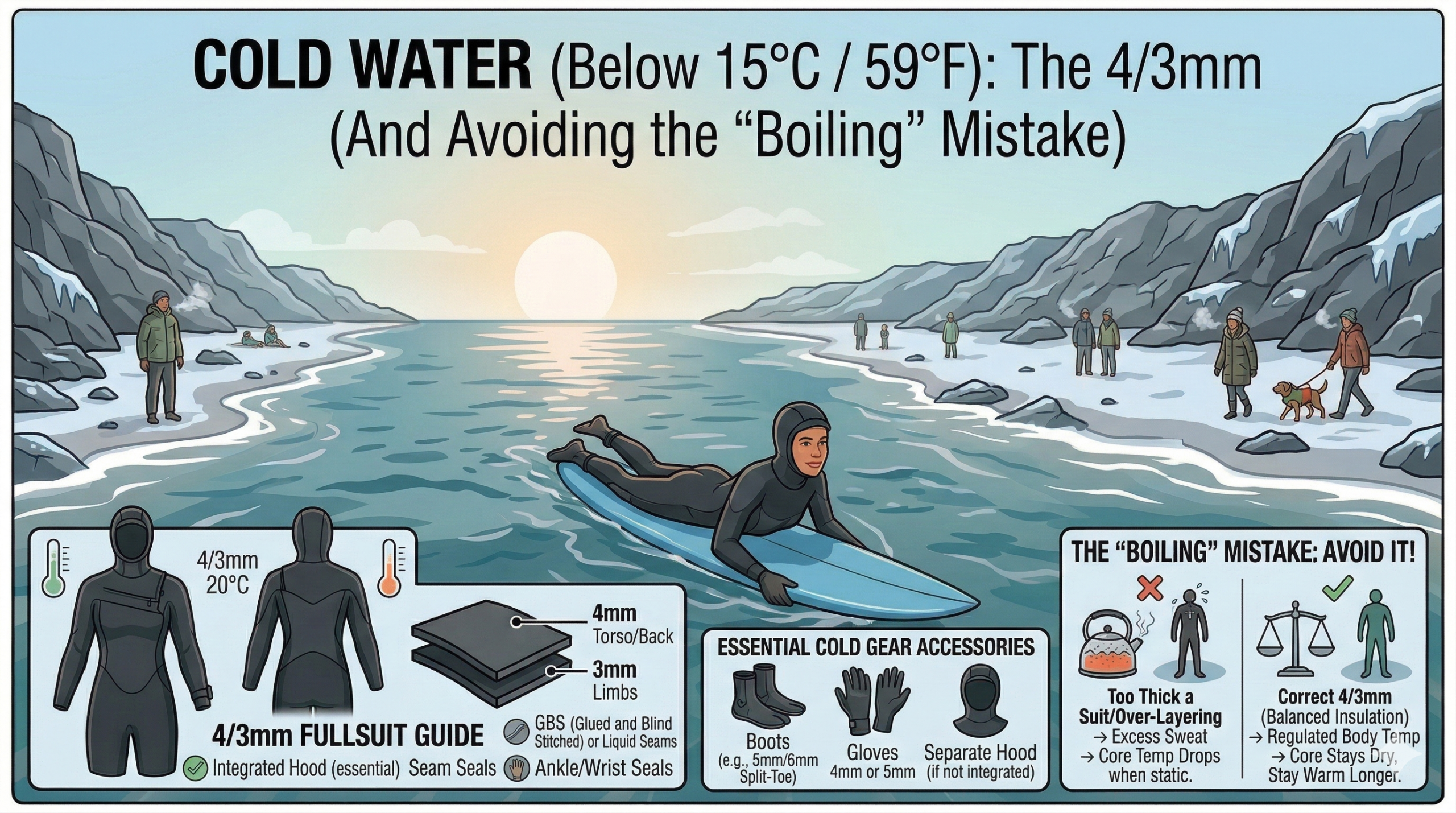 When the water gets cold, you need a 4/3mm suit, and occasionally neoprene booties and a hood. However, you must be careful not to overdo it.