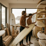 Two surfet on a surfer store choosing a surfboard