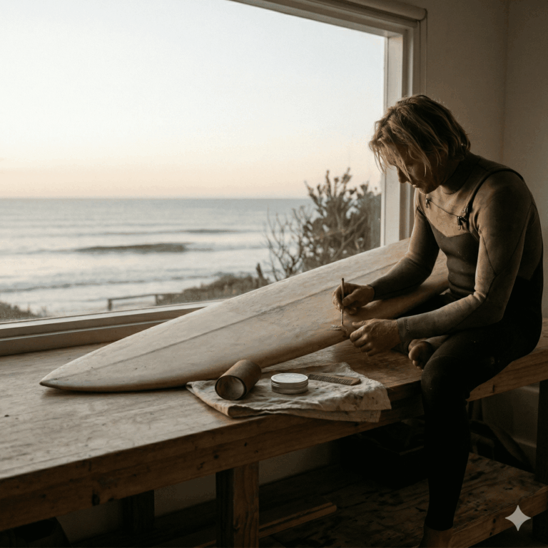 A surfer fixing his surfoard