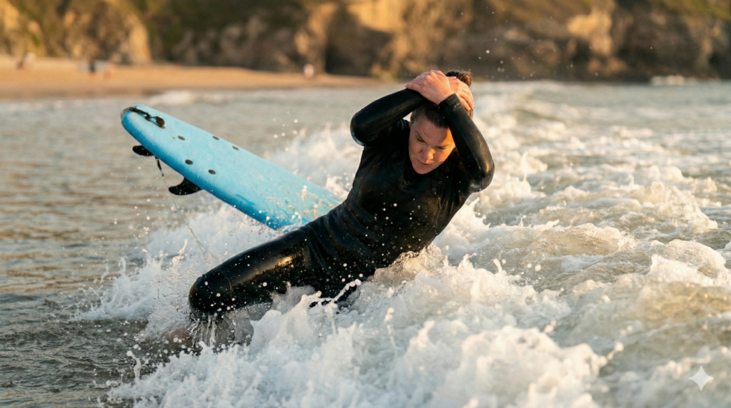 always stay underwater for an extra second, and always surface slowly with your arms wrapping your head and face.