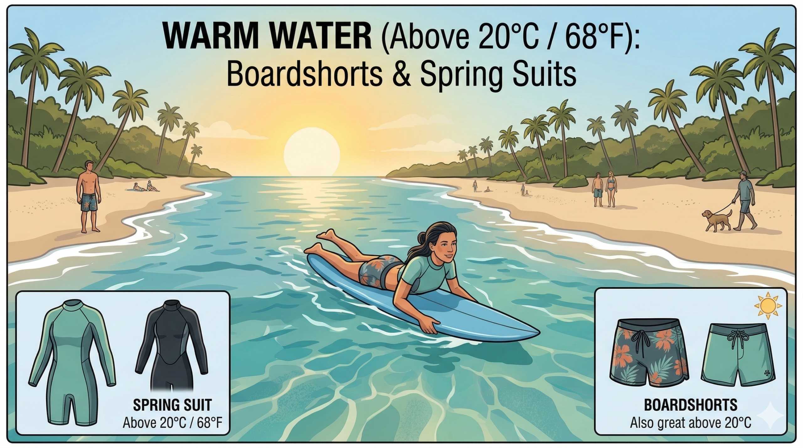 If the water has a slight chill or the wind is blowing, a 2mm "spring suit" (short arms and short legs) will keep your core warm without restricting your movement.