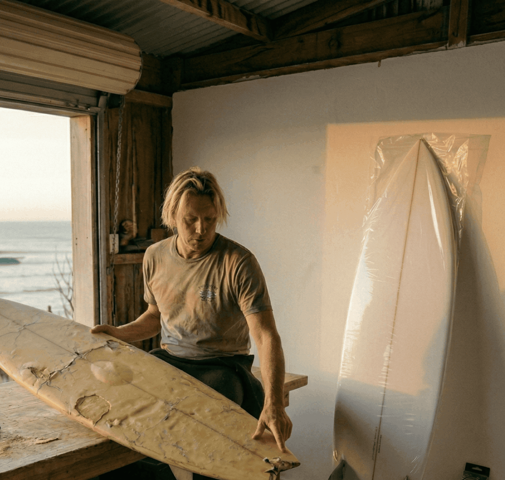 Surfer looking his damage surfboard