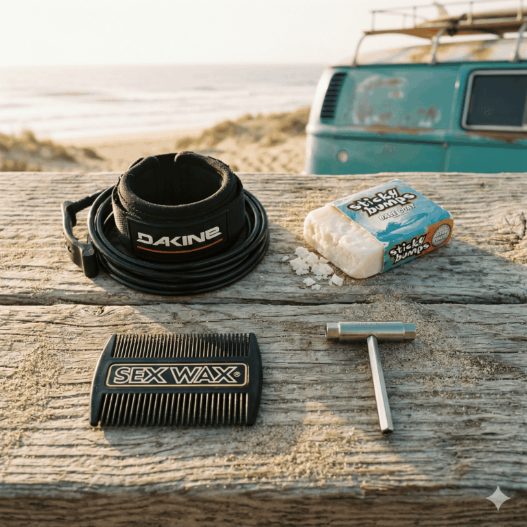 a minimalist arrangement of core surf accessories. On a sun-bleached, textured wooden surface covered in a light dusting of fine sand, four essential items are neatly laid out: one premium, coiled black leash with a sturdy ankle cuff, one bar of sticky white surf wax