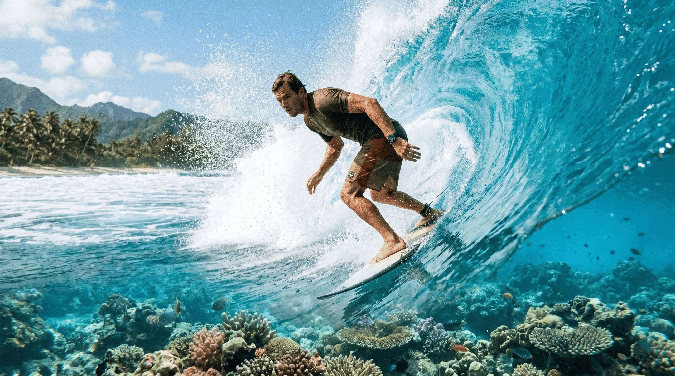 Eco-Friendly Surf Clothing Brands: A surfer executes a powerful turn on a large, crystal-clear wave. The surfer is wearing technical boardshorts made of recycled polyester in earth tones.