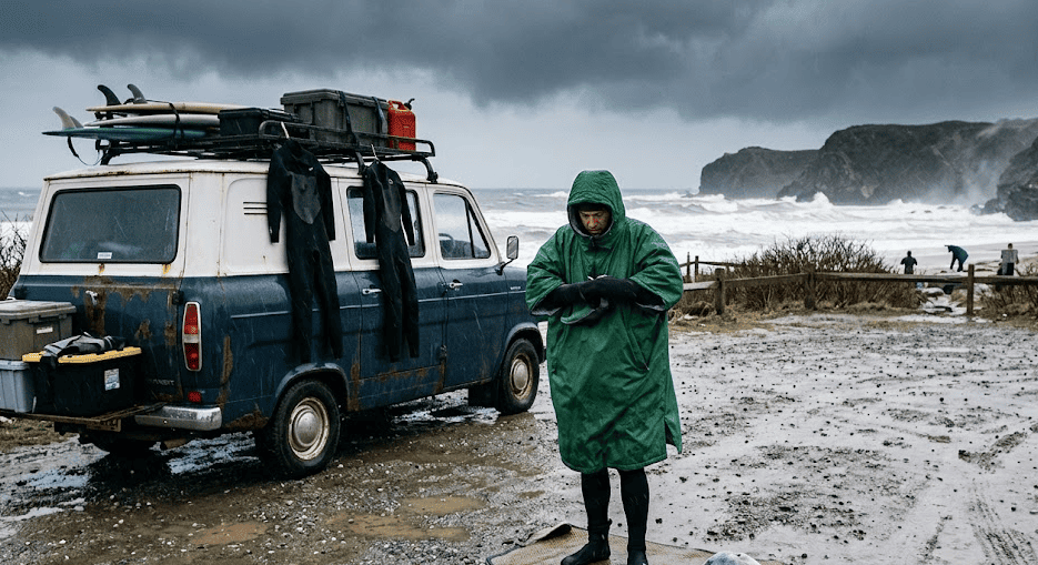 Surfer changing out of a wet wetsuit inside a voluminous olive green technical changing dry robe in a rainy gravel car park.