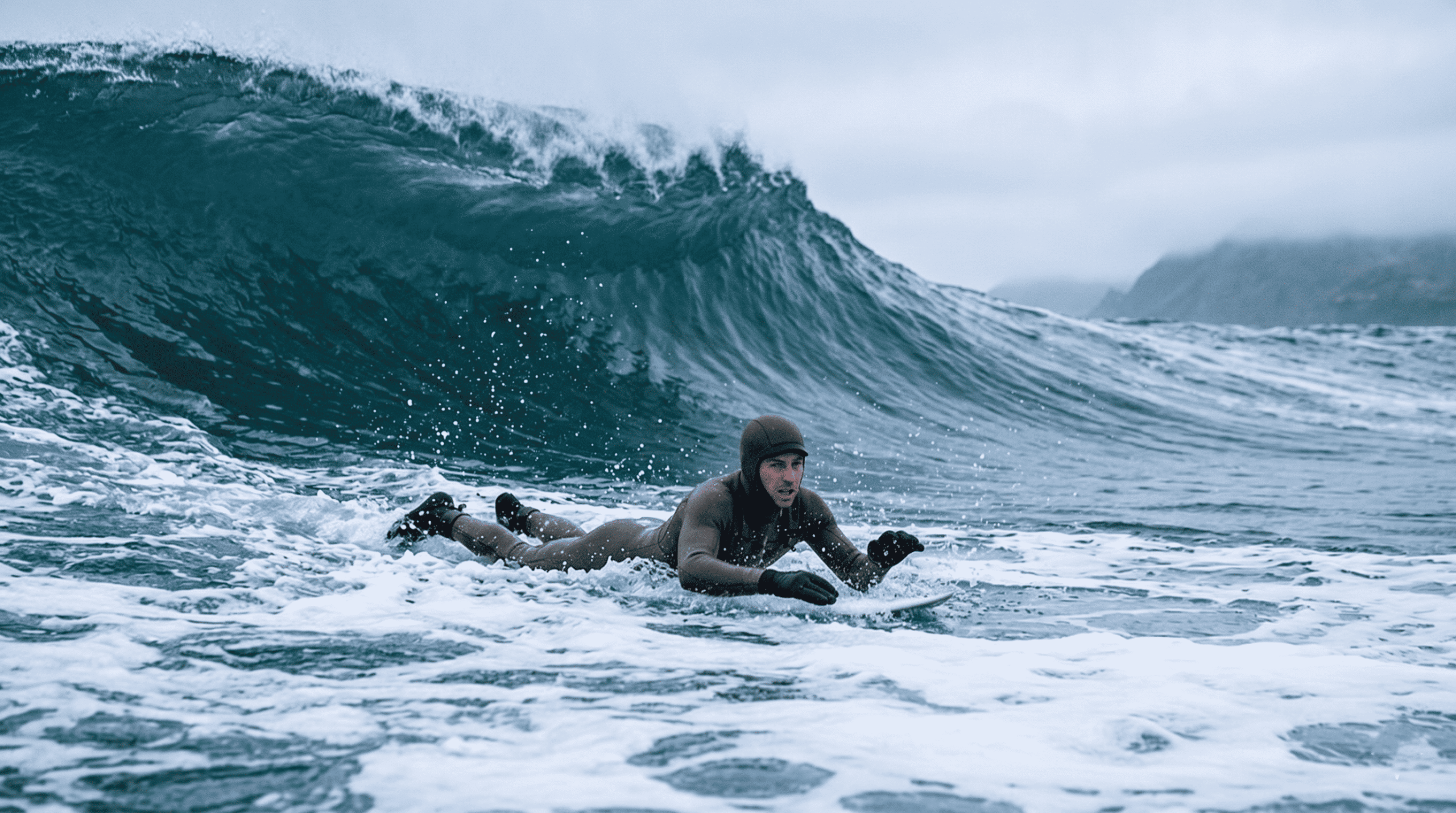A surfer catching a wave on the cold water