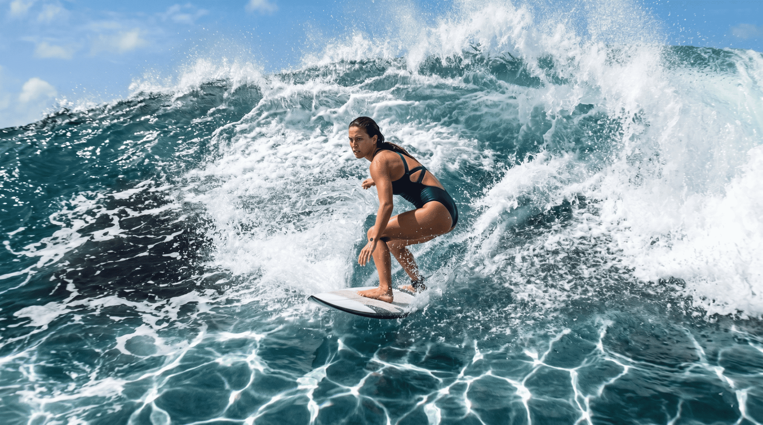 An elite female surfer is captured mid-distance, caught in the turbulent "purge" of a massive, powerful wave. Using a surf clothing (Bikini)