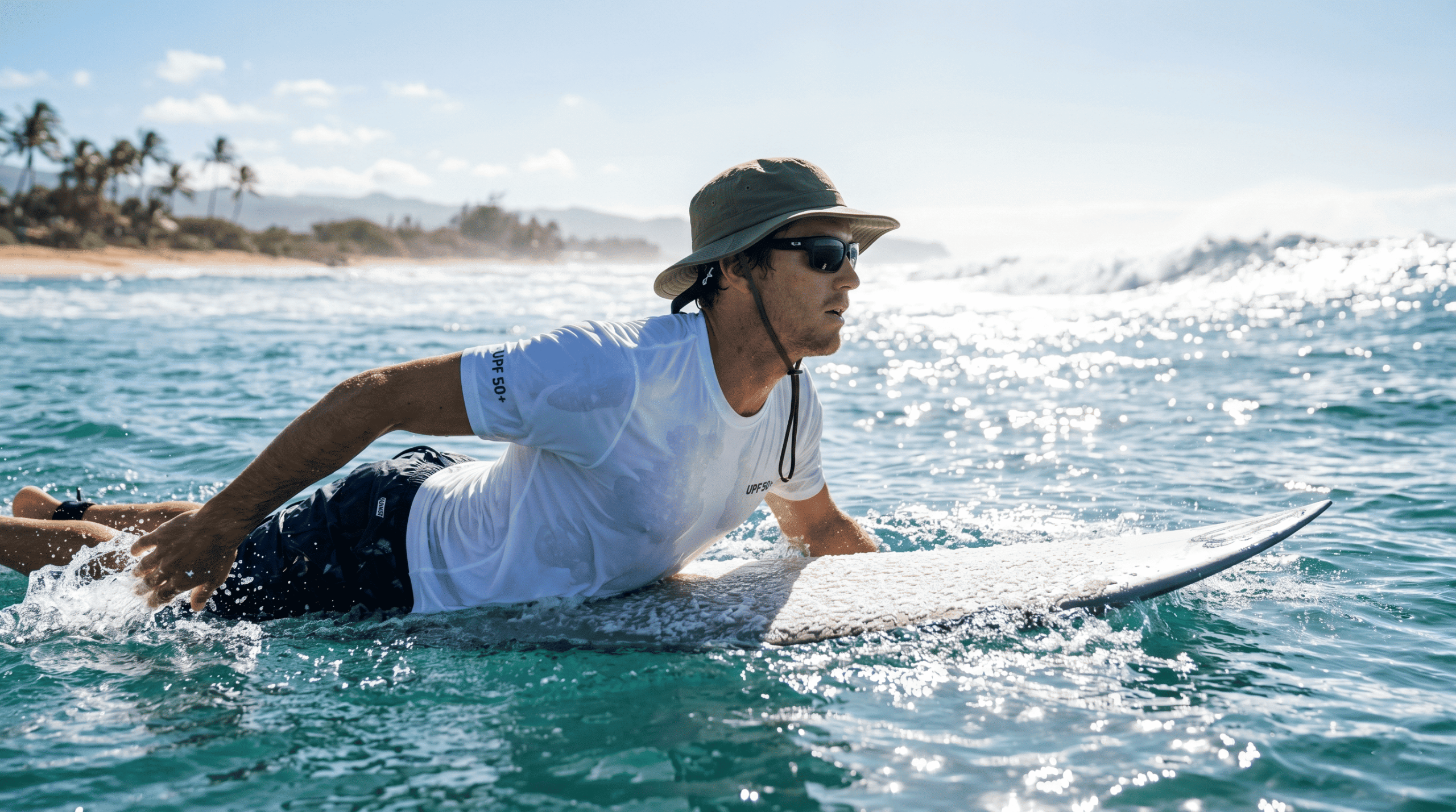 The surf clothing and gear: A low angle and medium distance shot of a male surfer paddling towards the peak under the intense summer sun.