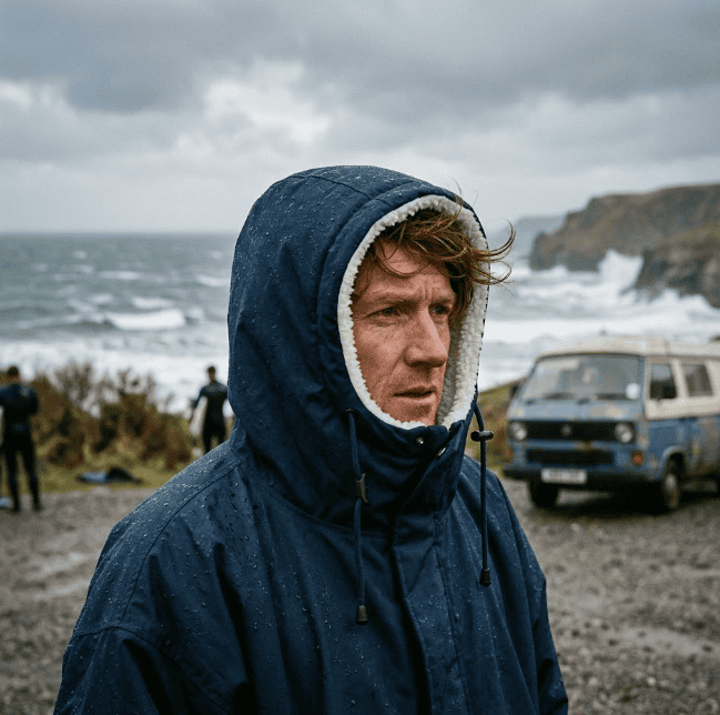 What Is a Dry Robe and Do You Need One? Person wearing a navy blue rugged waterproof dry robe changeponcho at a cold-water surf break