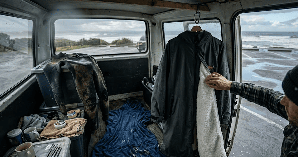Close-up of high-quality dry robe showing thick lambswool fleece lining contrasted with a wet towel poncho inside a surf van during rain.