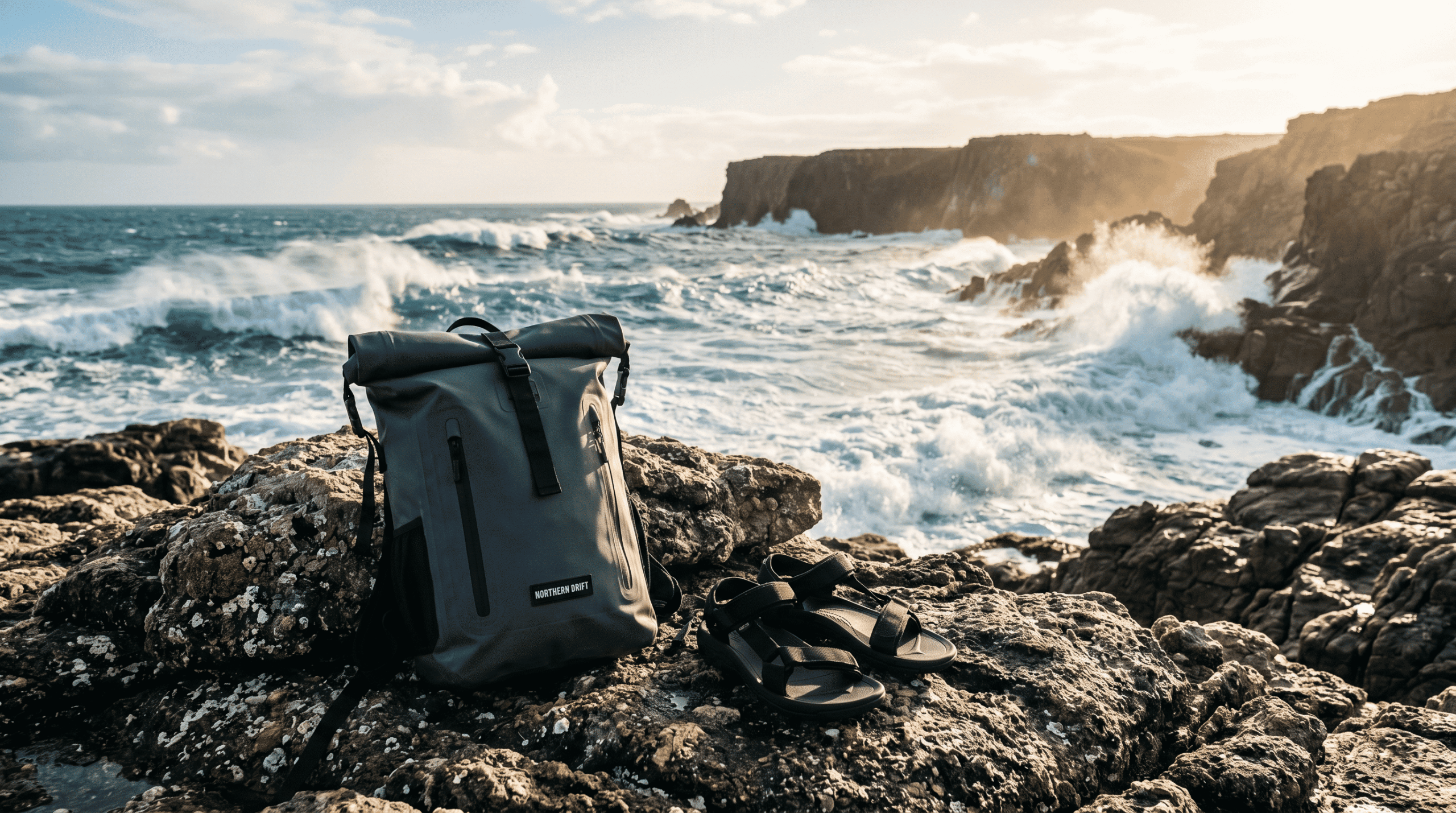 Essential surfing equipment for expeditions, including dry backpacks and hybrid traction footwear in a rocky winter coastal environment.