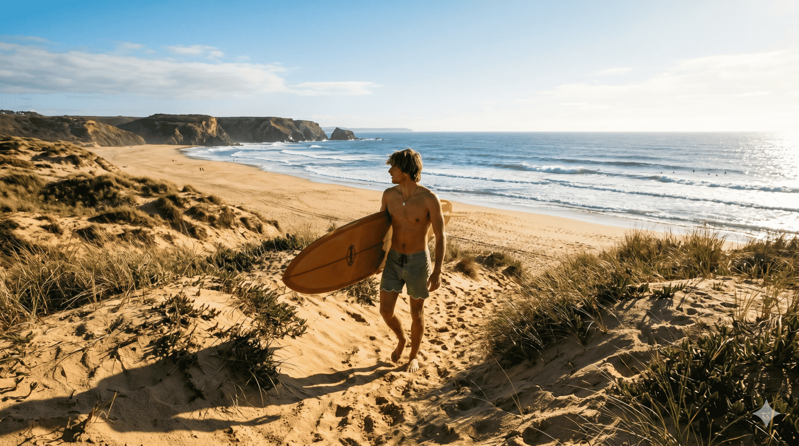 Retro surf-style cinematic photography with classic cut boardshorts and vintage colors on a sunny beach during the winter season.