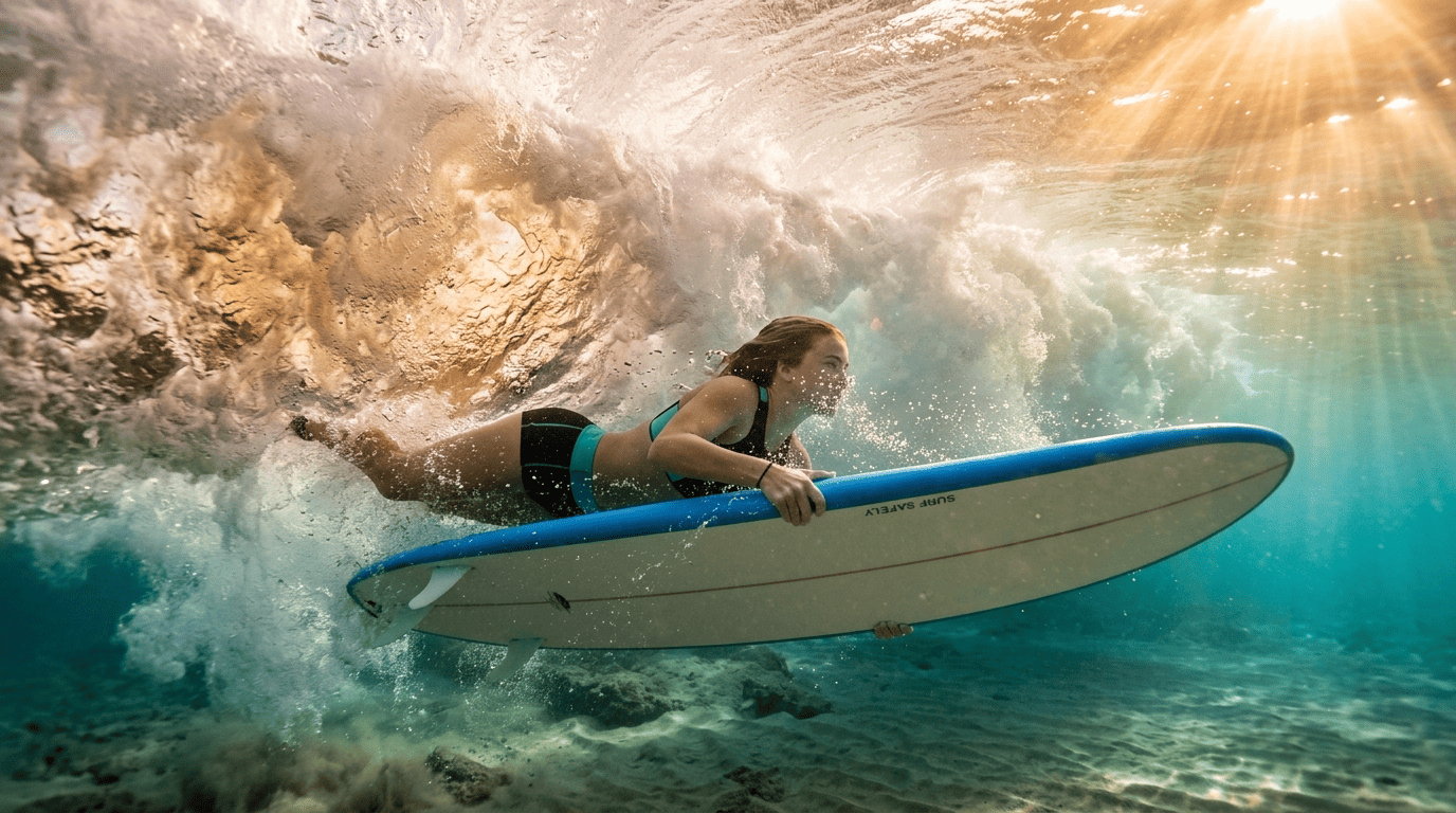 Surf safety and etiquette tips: How to do the turtle roll with a foam board and respect priority in the lineup.