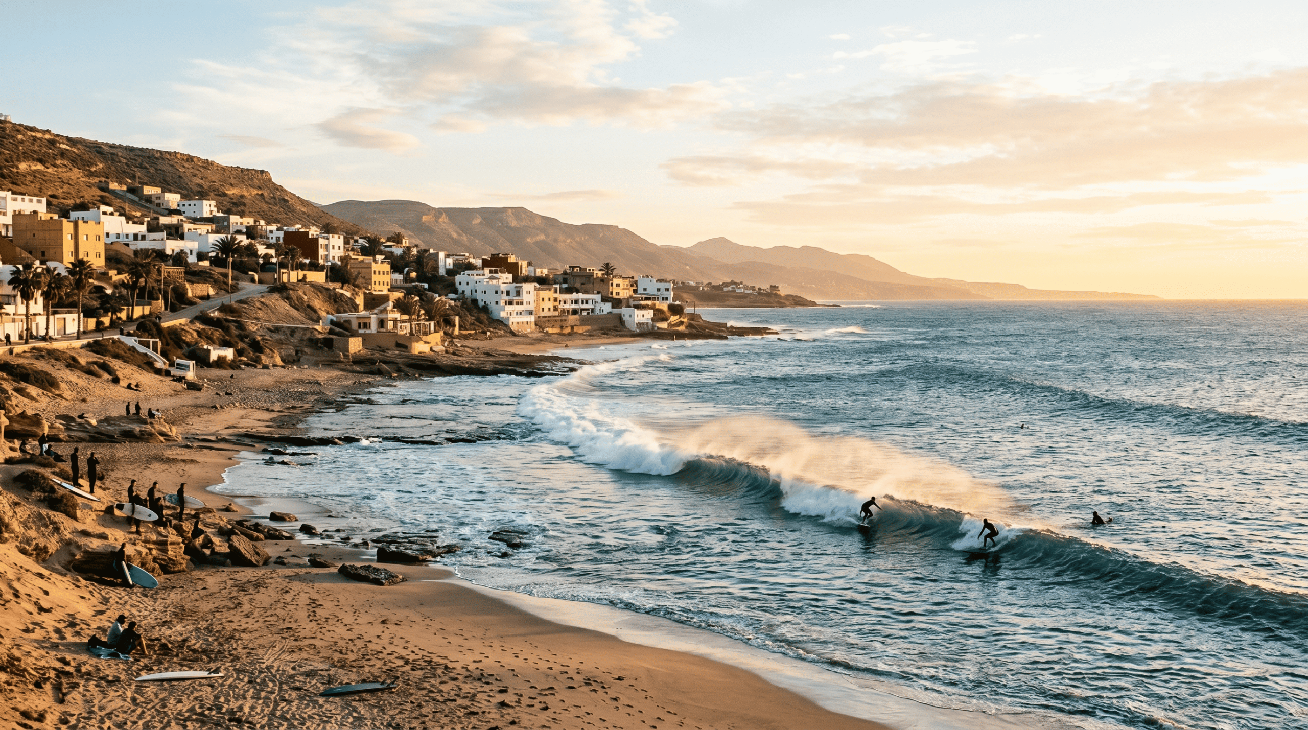 Surf trip ( surf destinations ) to Morocco: Learning to turn and edge on the long right-hand waves of Panorama Beach in Taghazout.