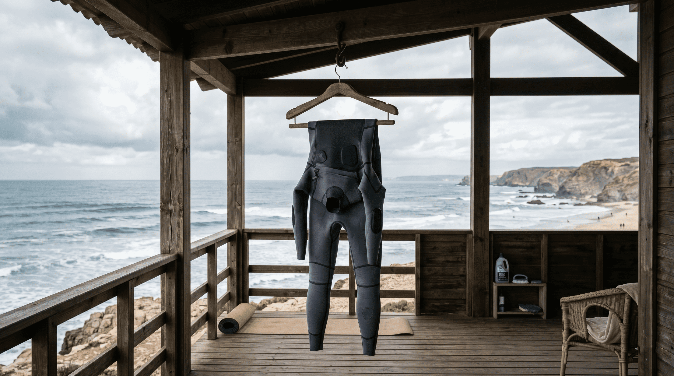 How to properly dry a wetsuit in the shade using the waist-fold method to avoid UV damage.