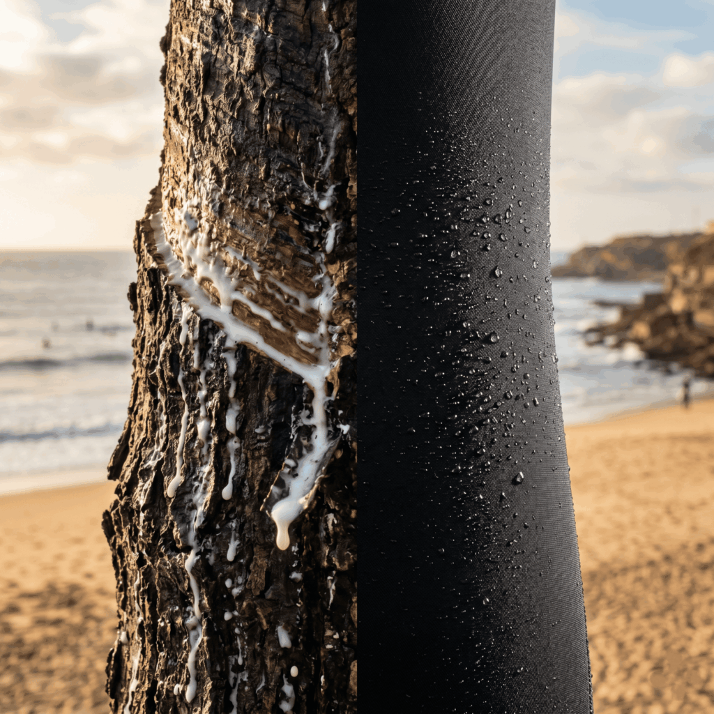 Sustainable surf materials: Close-up of Yulex natural rubber and eco-friendly wetsuit on a pristine coastline.