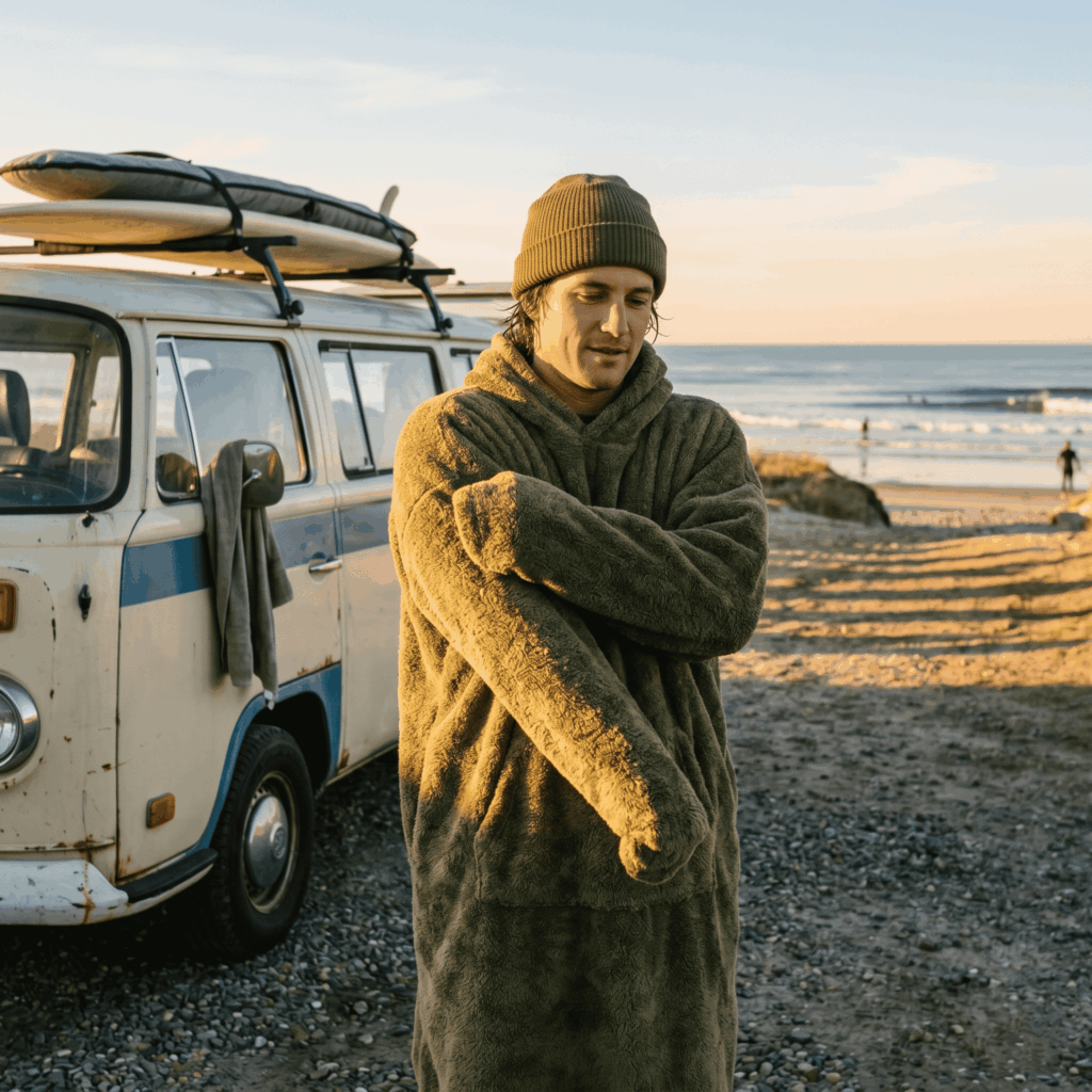Surf poncho for changing in the parking lot: privacy, comfort, and the end of the towel shuffle in winter.