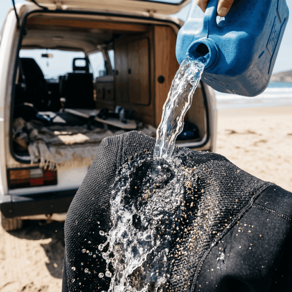 Essential guide to rinsing wetsuits with fresh water to prevent corrosion from salt and bacteria.