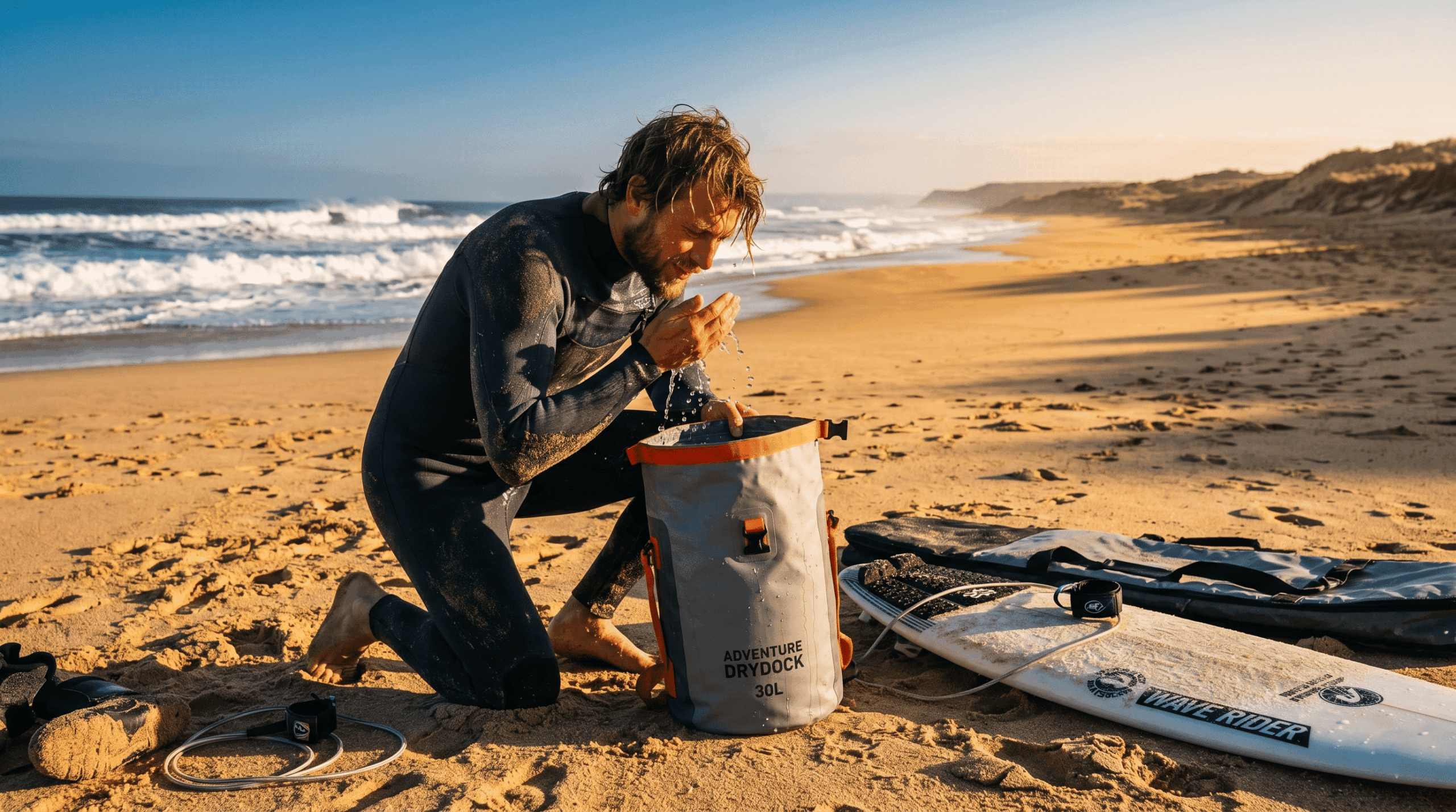 Tricks from experienced surfers: How to use your dry bag as a portable rinsing station and changing area for your wetsuit.
