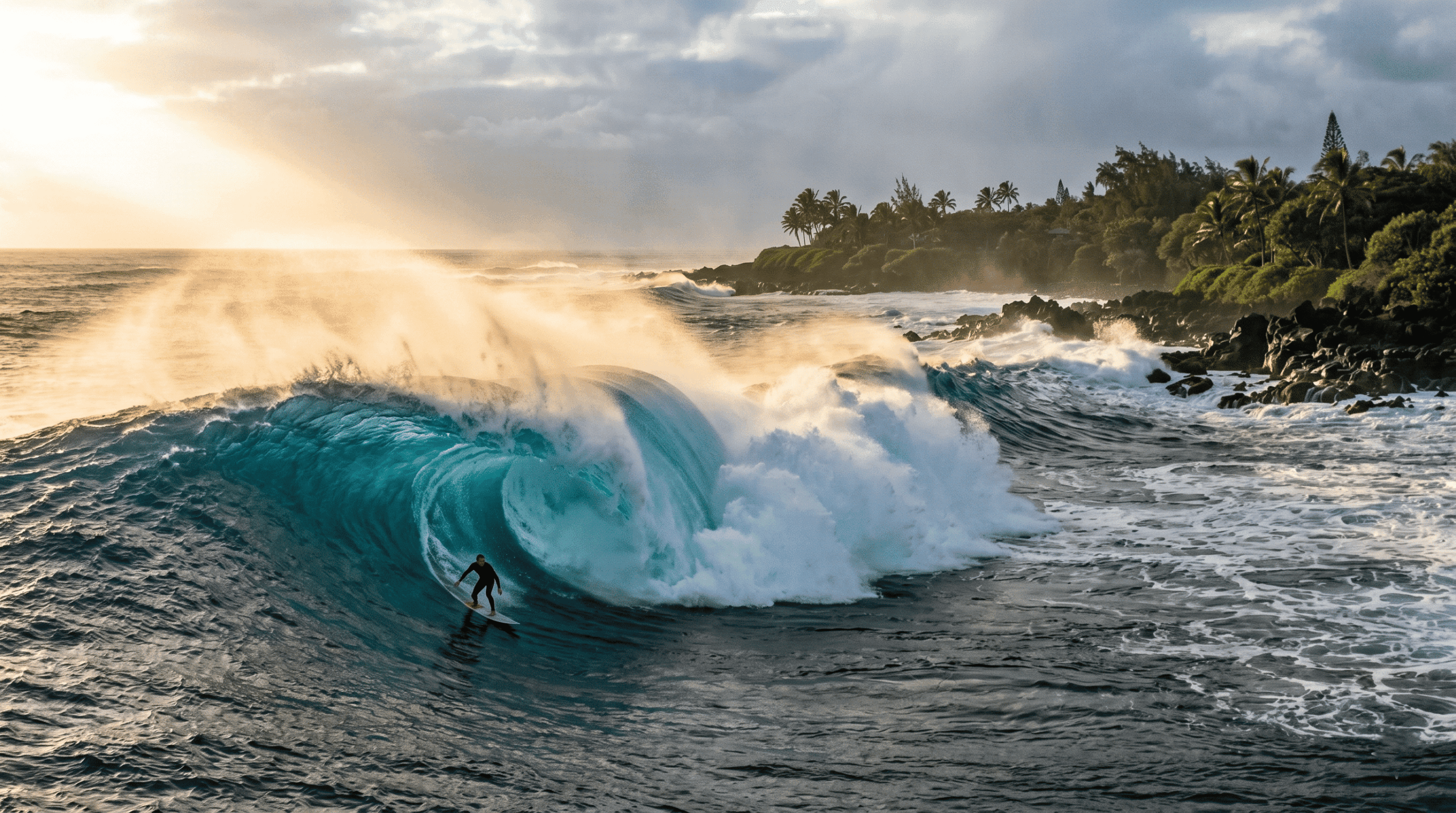 Surf season in Hawaii: The arrival of massive winter swells from the North Pacific to the reefs of Oahu's North Shore.