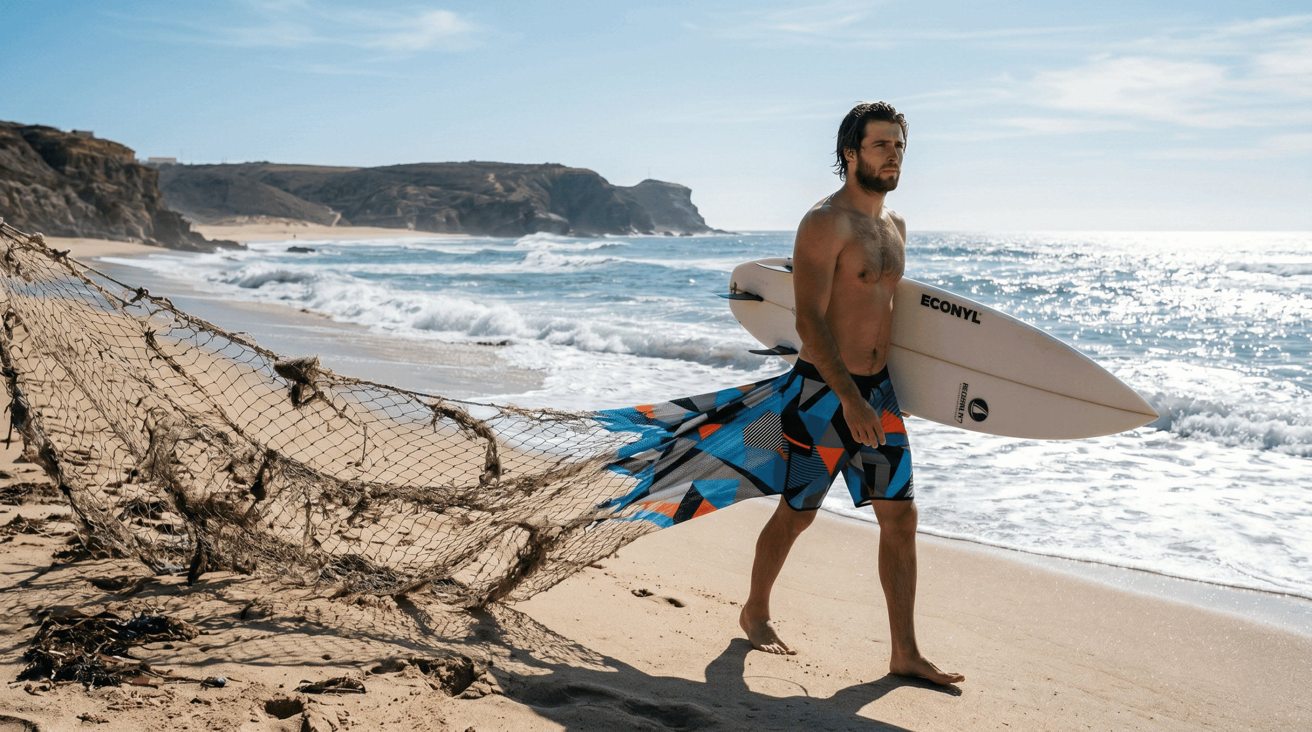 Surf clothing made from recycled plastics (Sustainable Materials) and fishing nets: Circular innovation in high-performance boardshorts and rashguards.