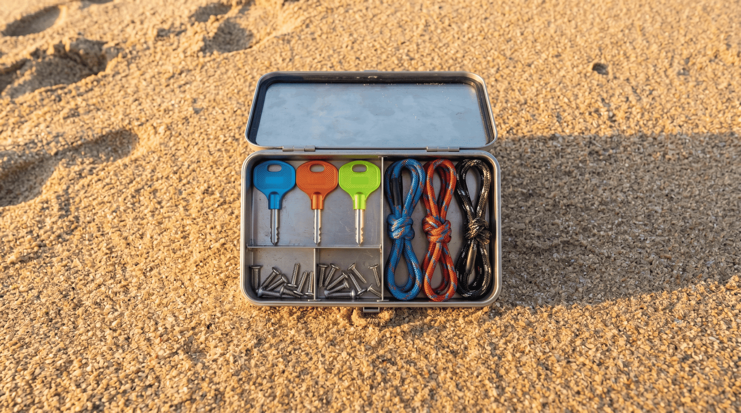 Essential hardware surf accessories for travel: fin wrenches, spare screws, and leash cords.