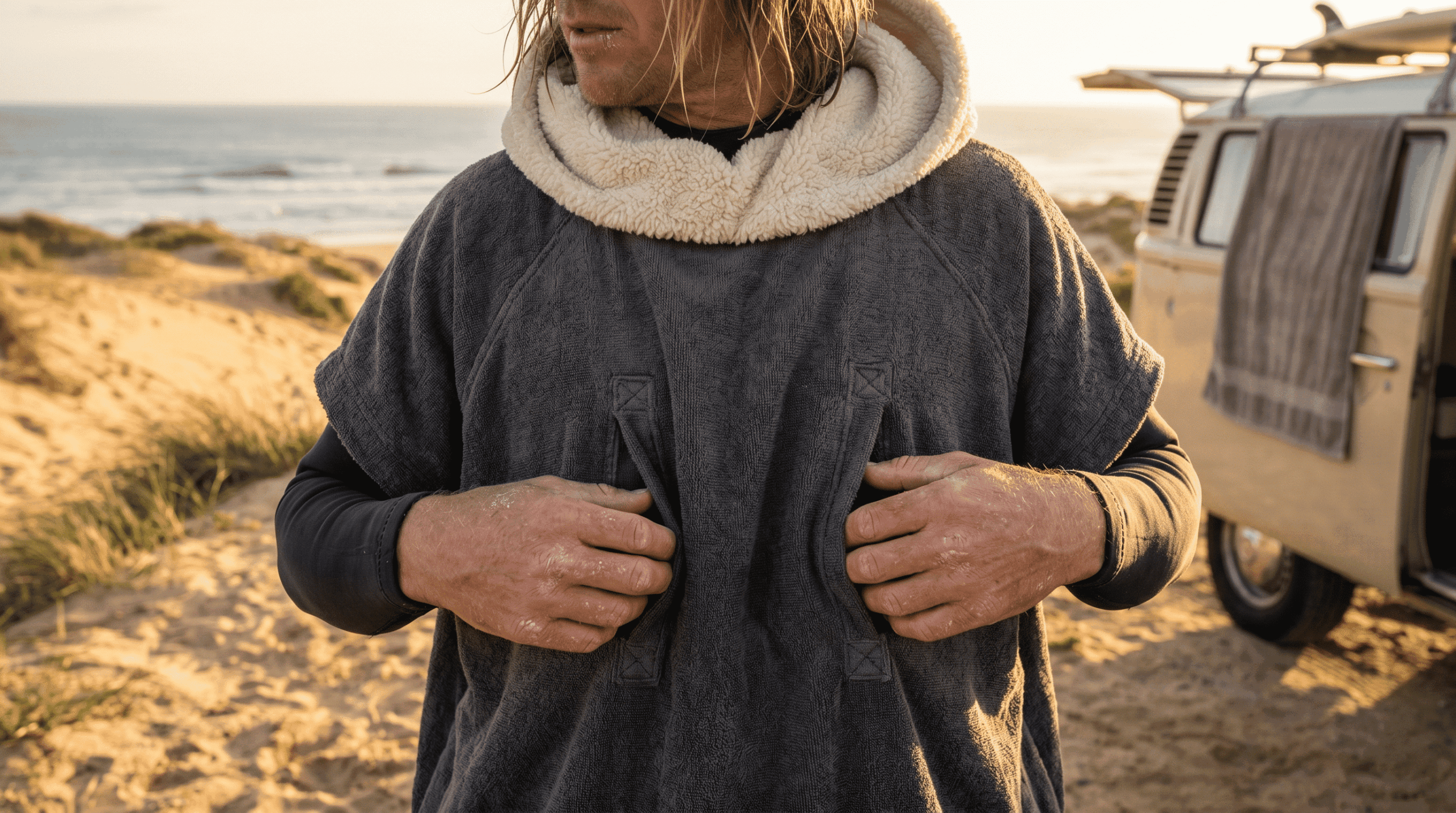 Technical design of surf poncho: internal access pockets, reinforced seams, and lined hoods.