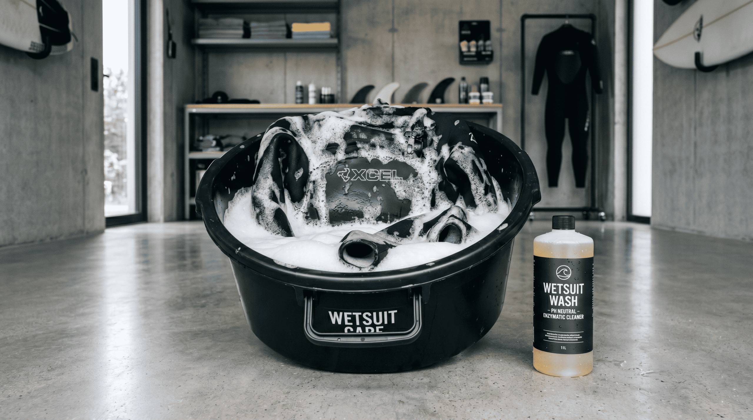 Deep cleaning of wetsuit neoprene with enzymatic shampoo to eliminate odors and maintain the flexibility of the seams.