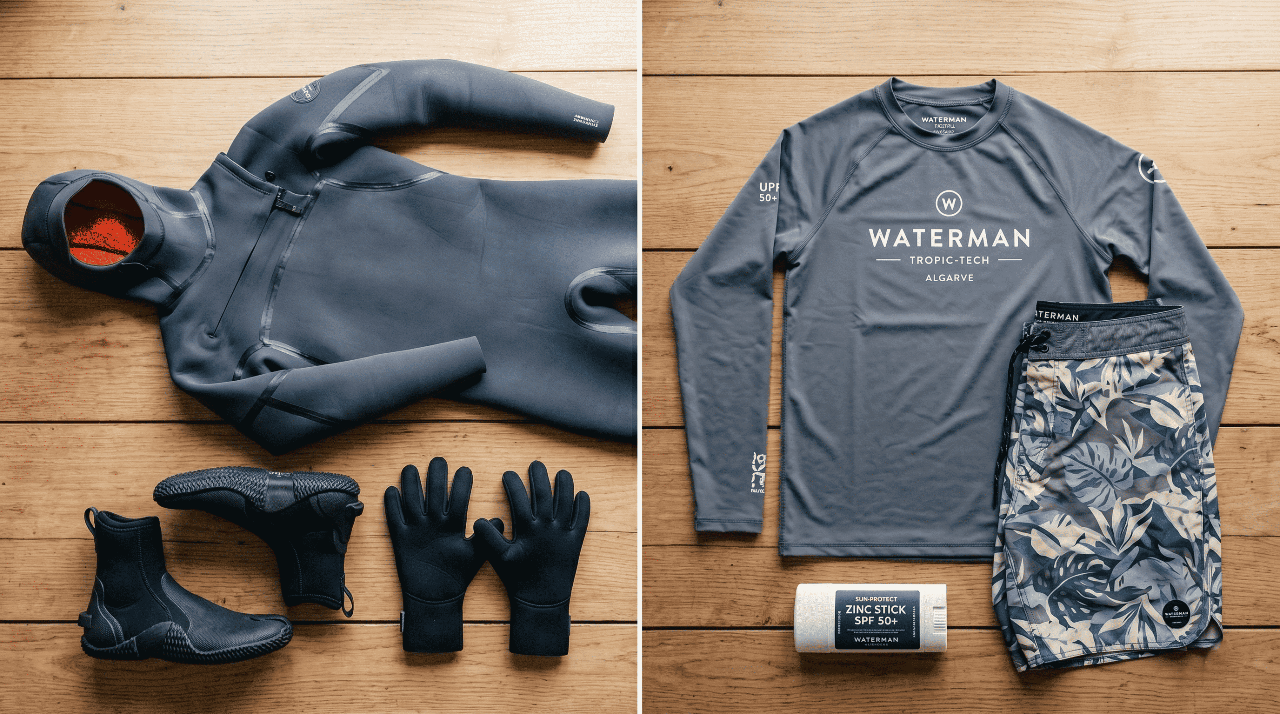 Wetsuits for surfing: Equipment differences between a 5/4mm hooded wetsuit for cold water and UPF 50+ lycra. (Surf Trip Packing List)