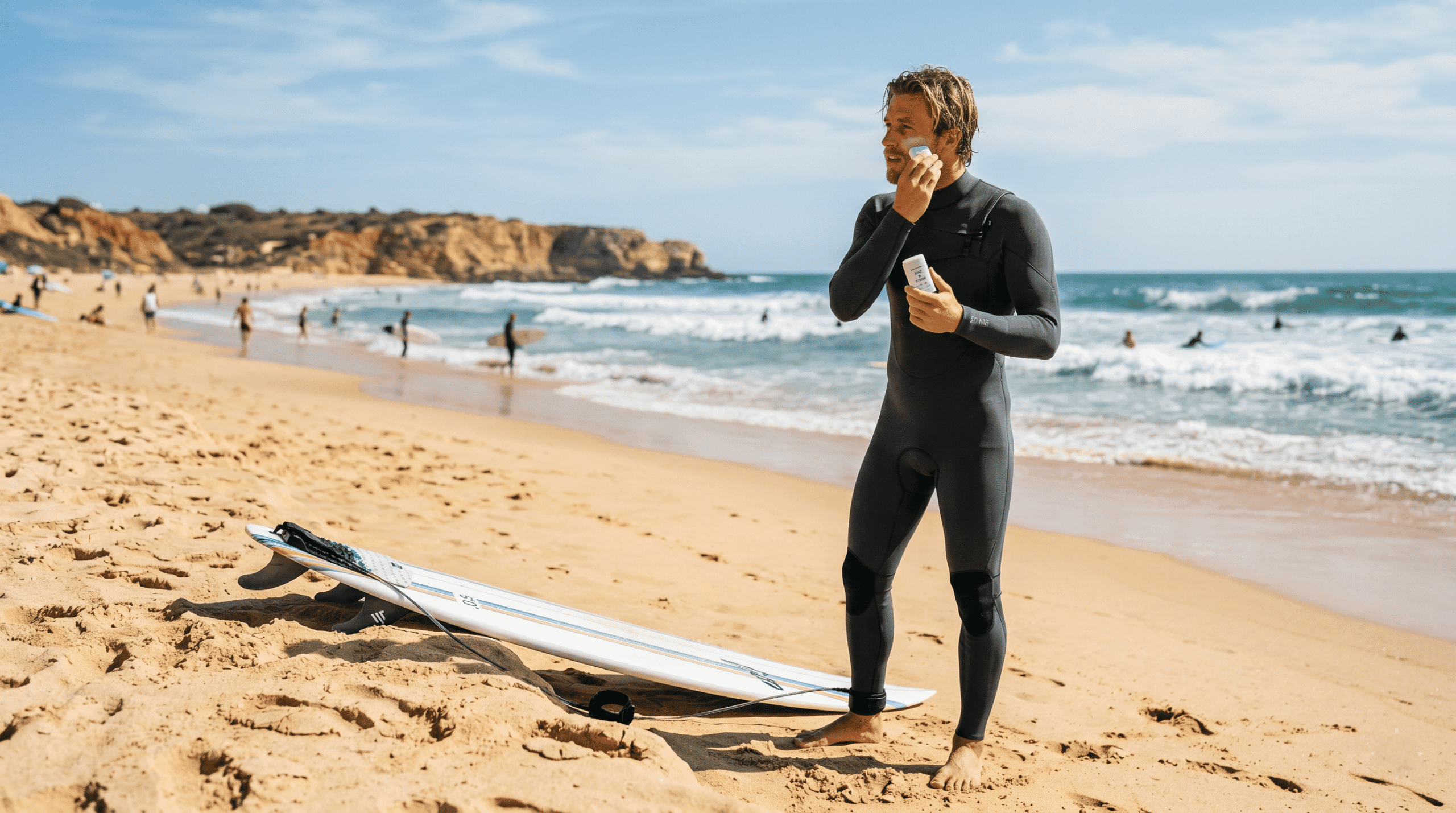 Surf Accessories for Travel: Sun protection for surfers: the use of zinc mineral and booties to avoid reef cuts and burns.