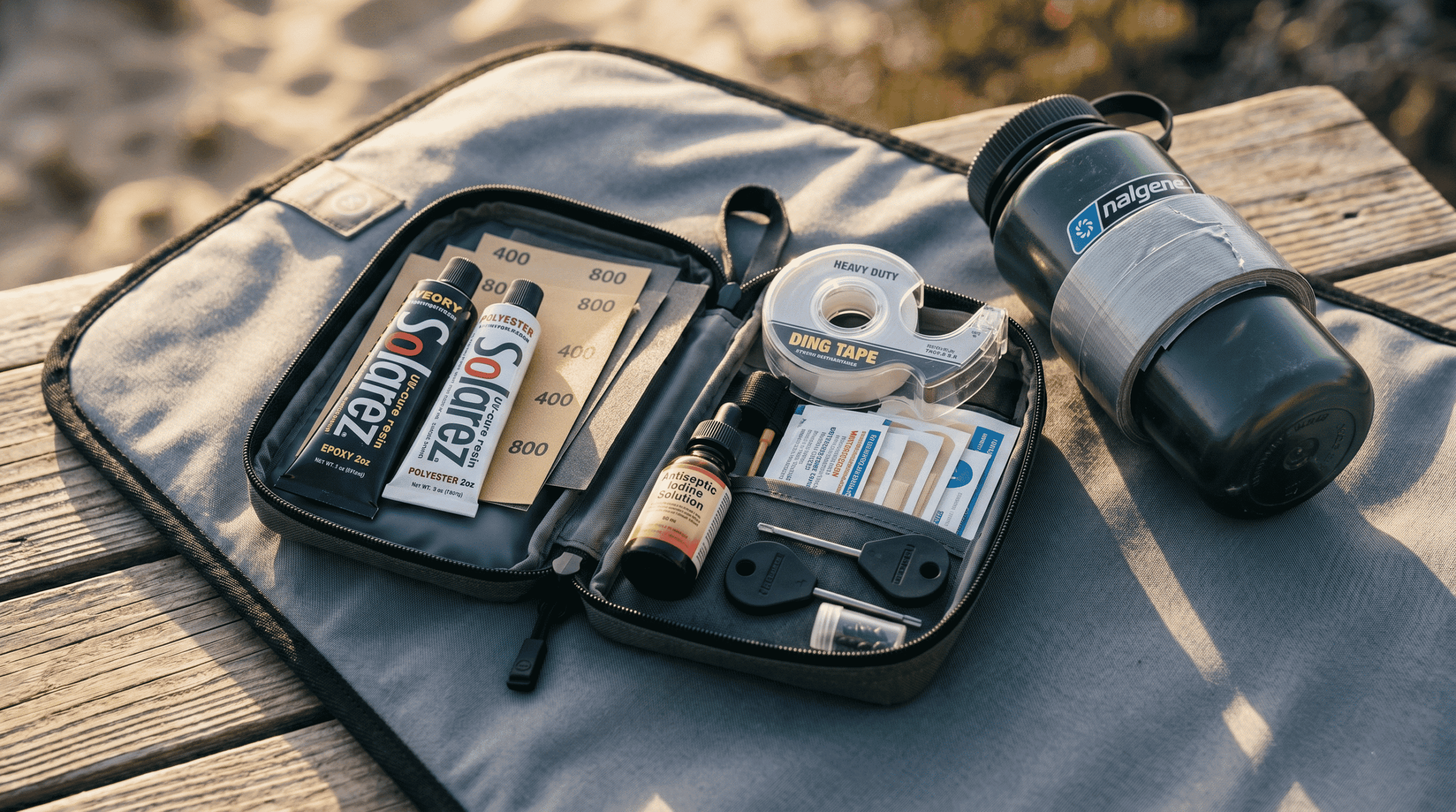 Best Surf Trip Packing List: Surfboard first aid and repair kit: Essential items such as Solarez UV resin, ding tape, and disinfectant. 