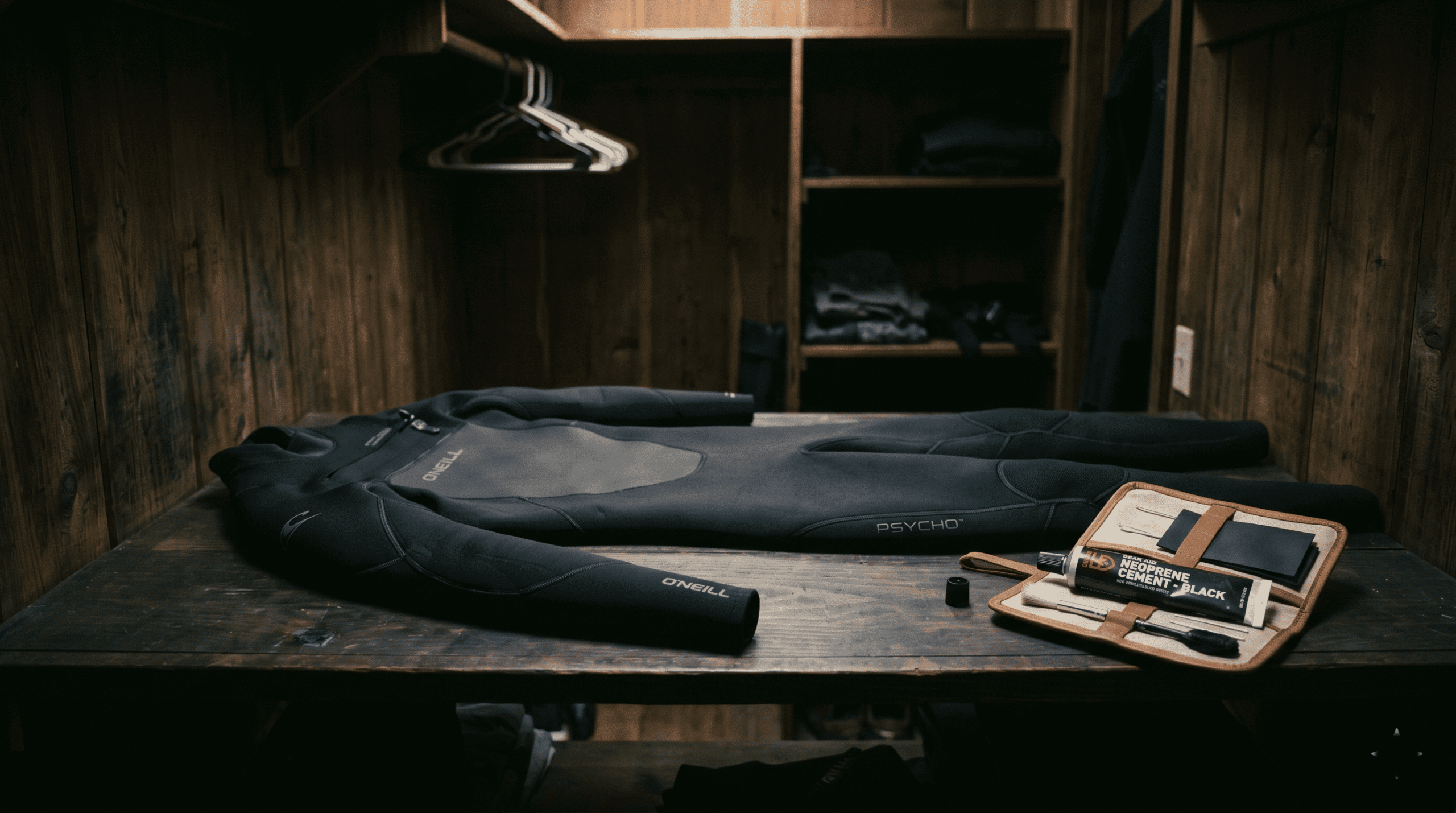 Long-term storage strategies for surf suits and repairing small leaks with neoprene cement.