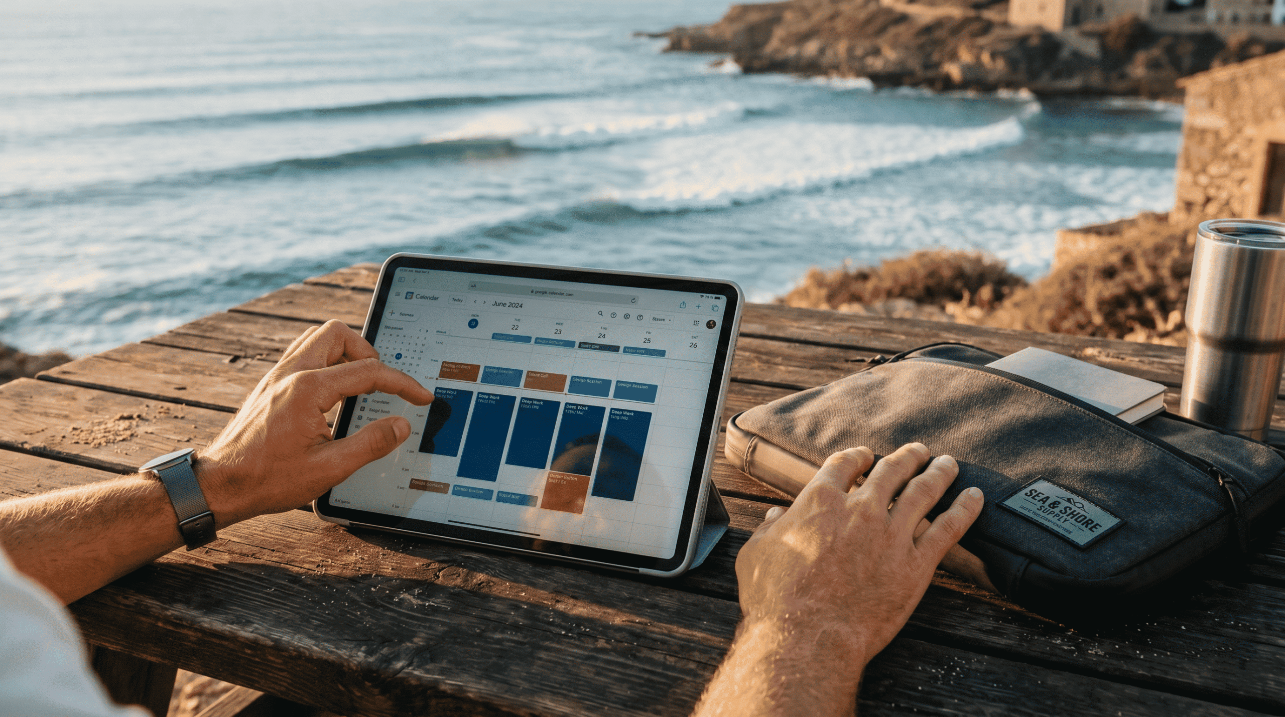 Digital nomad surf lifestyle in Portugal: Time management strategies to surf in the morning and work with US clients in the afternoon.